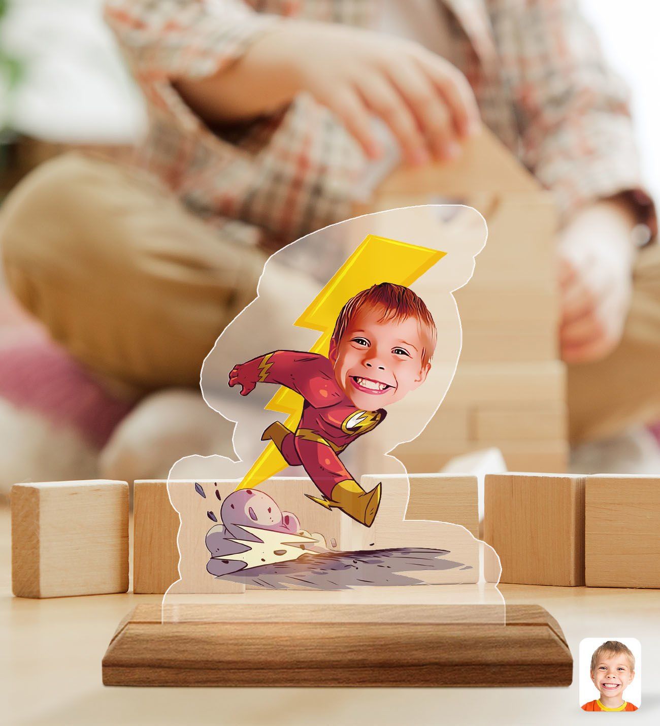 BK Gift Kişiye Özel Çocuk Süper Kahraman Karikatürlü Ahşap Standlı Pleksi Biblo-1