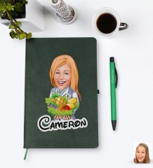 Kişiye Özel Kadın Diyetisyen Karikatürlü Yeşil Termo Deri Defter Kalem Seti Model 1