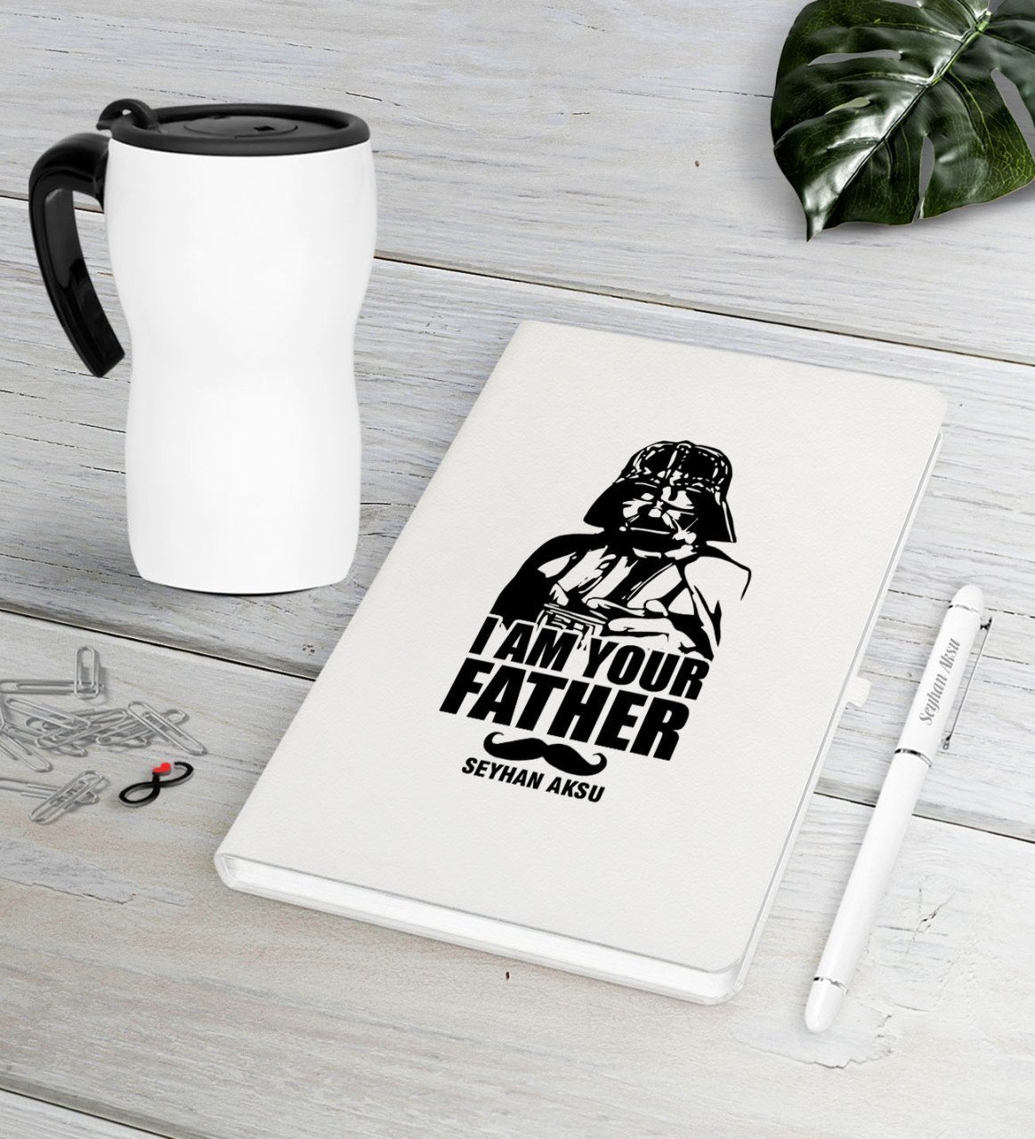 Kişiye Özel Baba Beyaz Defter Kalem Termos Mug Seti-2