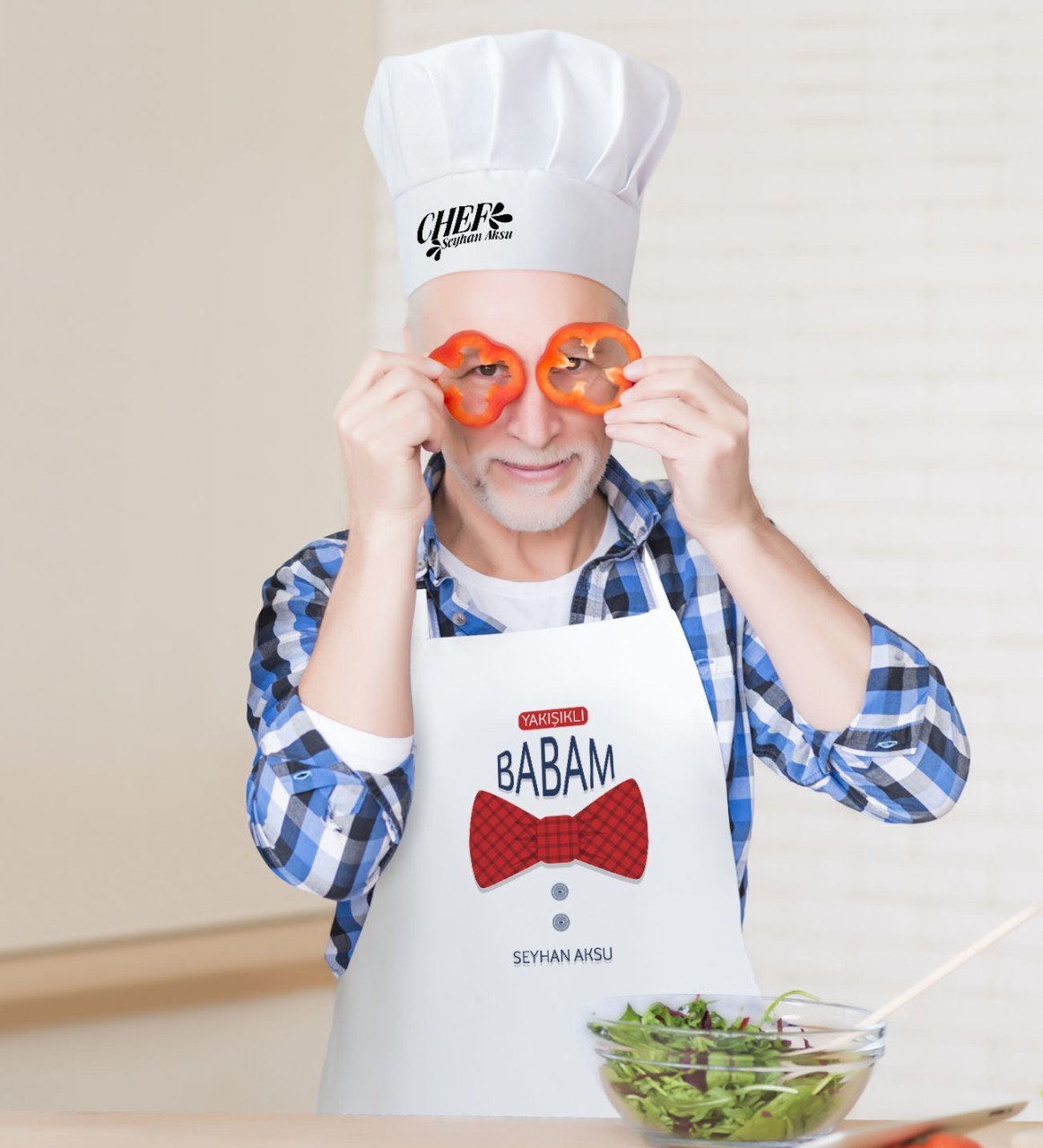 Kişiye Özel Yakışıklı Babam Erkek Mutfak Önlüğü ve Aşçı Şapkası Seti-6