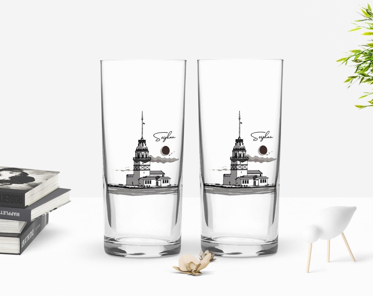 Kişiye Özel Renkli Baskılı Kız Kulesi Tasarımlı İkili Rakı Bardağı Seti-3