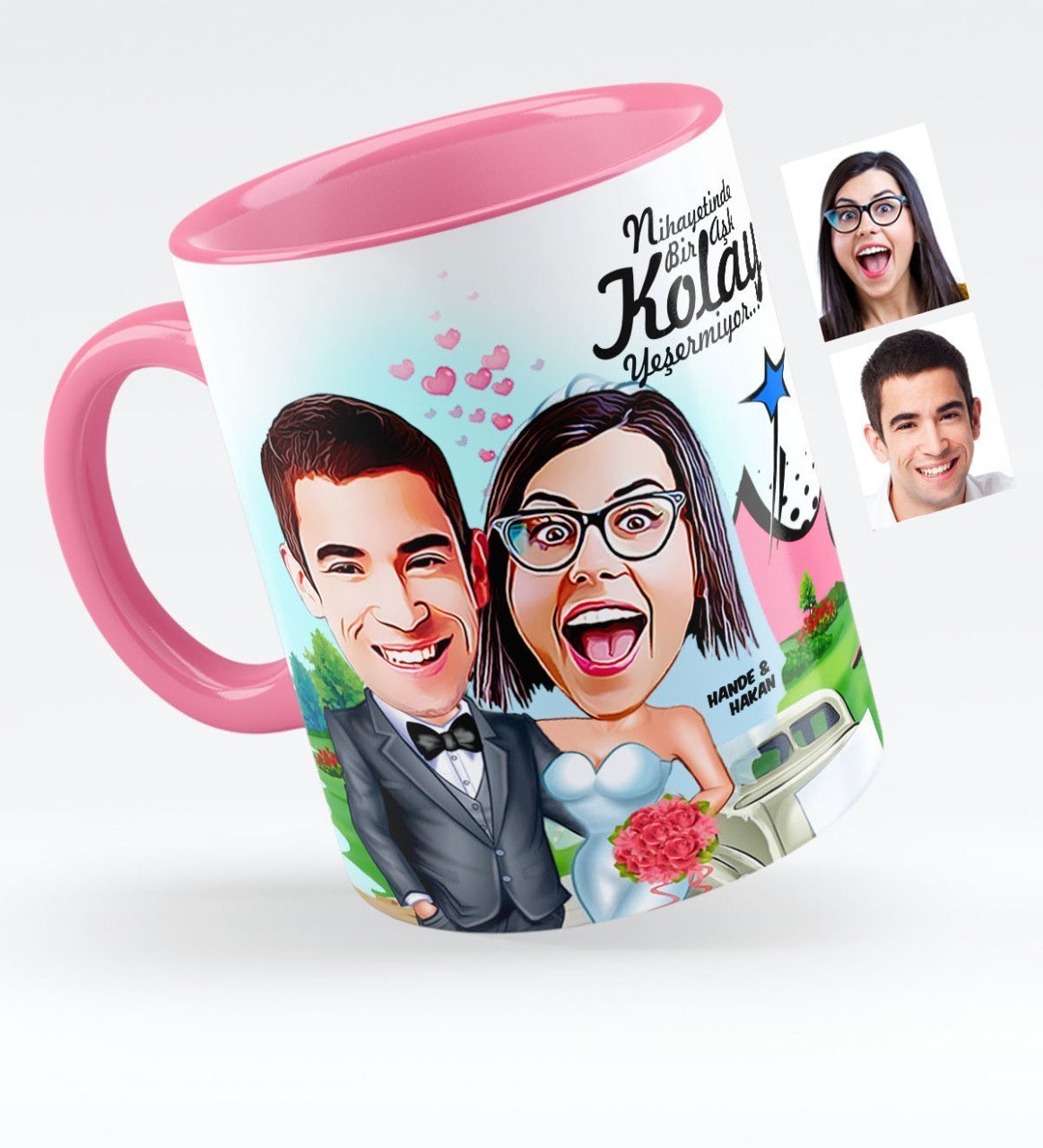 Kişiye Özel Evleniyoruz Karikatürlü Pembe Kupa Bardak - 1