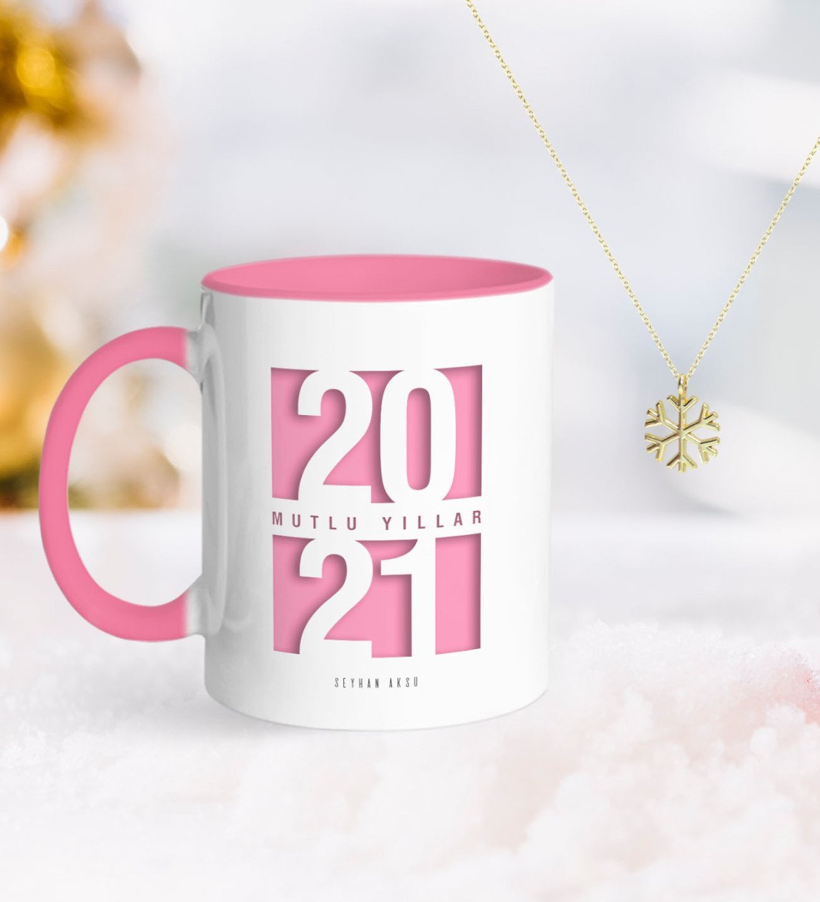 BK Gift Kişiye Özel 2023 Mutlu Yıllar Pembe Kupa ve Kar Tanesi Kolye-7