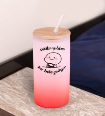 BK Gift Esprili Tasarım Kırmızı Renk Pipetli Buzlu Cam Bardak 600ml - 10, Arkadaşa Hediye, Doğum Günü Hediyesi