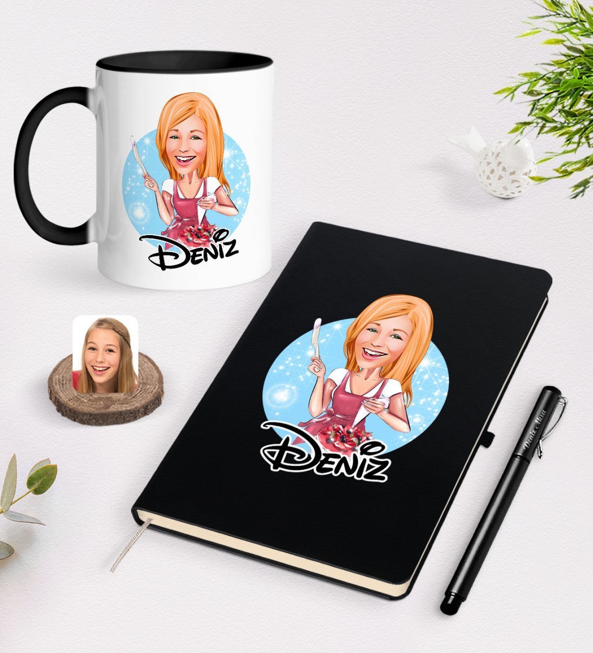 Kişiye Özel Kadın Aşçı Karikatürlü Siyah Defter Kalem ve Kupa Seti-1
