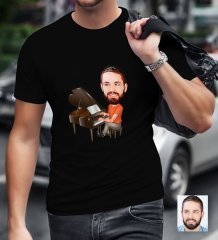 Kişiye Özel Bay Piyanist Karikatürlü Siyah T-Shirt