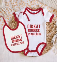 BK Kids Dikkat Çok İçtim Tasarımlı Kırmızı Bebek Body Zıbın ve Mama Önlüğü Hediye Seti-1