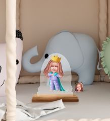 BK Gift Kişiye Özel Prenses Karikatürlü Ahşap Standlı Pleksi Biblo-1