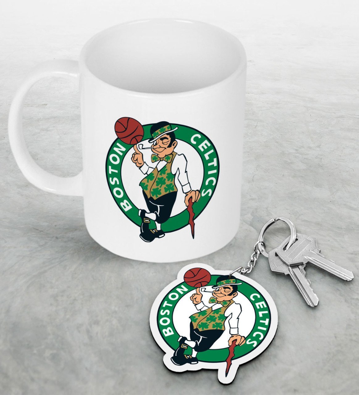 NBA Boston Celtics Beyaz Kupa ve Ahşap Anahtarlık Seti