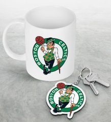 NBA Boston Celtics Beyaz Kupa ve Ahşap Anahtarlık Seti