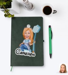 Kişiye Özel Kadın Diş Hekimi Karikatürlü Yeşil Termo Deri Defter Kalem Seti Model 2