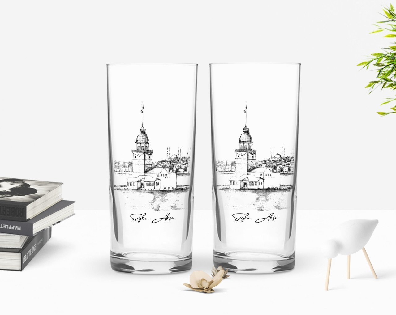 Kişiye Özel Renkli Baskılı Kız Kulesi Tasarımlı İkili Rakı Bardağı Seti-2