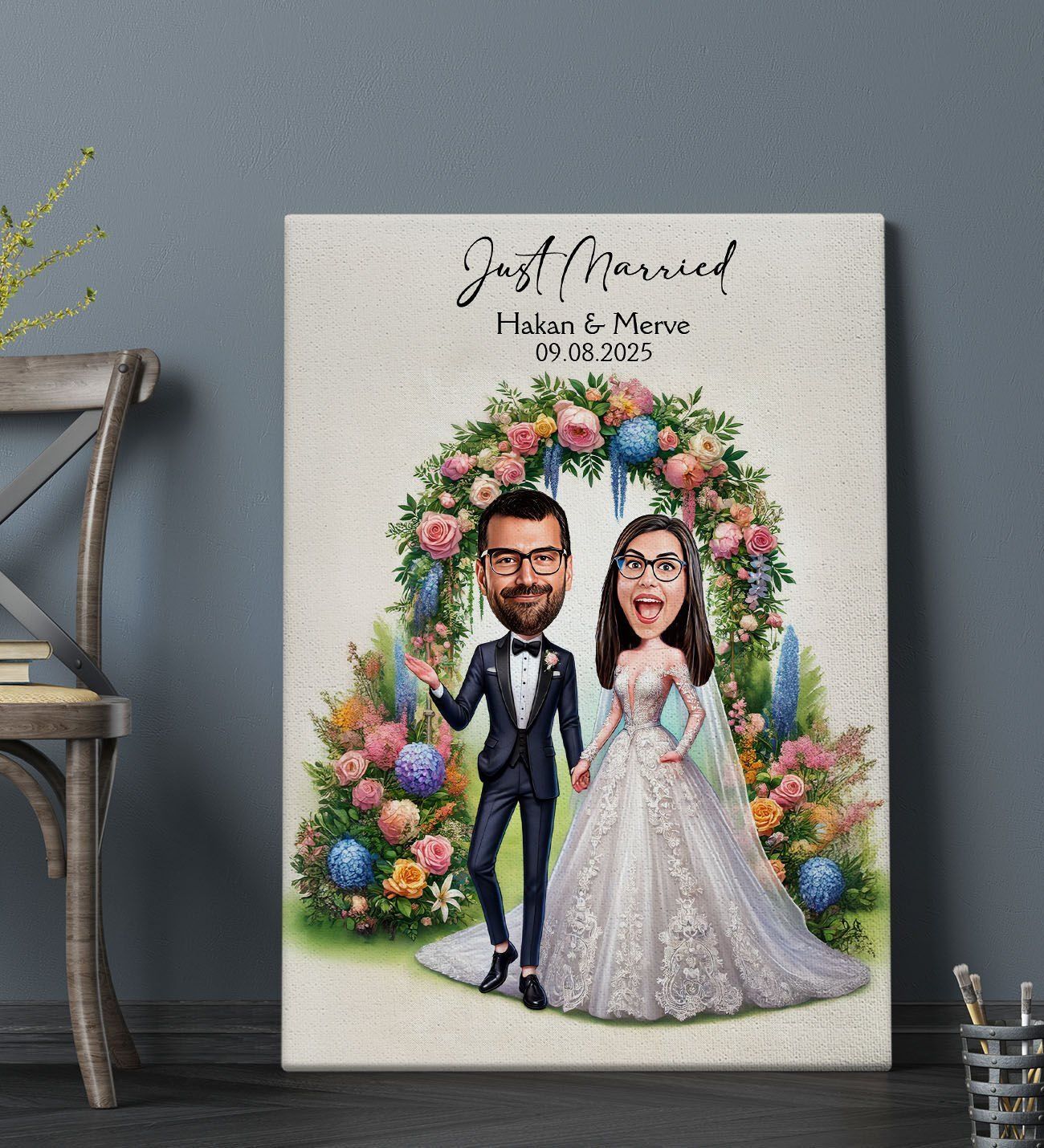 BK Gift Kişiye Özel Evleniyoruz Karikatürlü Kanvas Tablo-1 (70x100), Sevgiliye Hediye, Sevgililer Günü Hediyesi