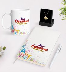 Kişiye Özel Sınıf Öğretmeni Beyaz Kupa Defter Kalem ve İsimli Papatya Kolye Hediye Seti-13