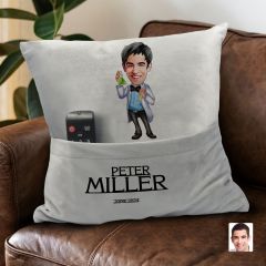 BK Gift Kişiye Özel Kimyager Karikatür Tasarımlı Organizer Kumanda ve Atıştırmalık Cepli Gri Kırlent Yastık-1 Arkadaşa Hediye, Cepli Yastık