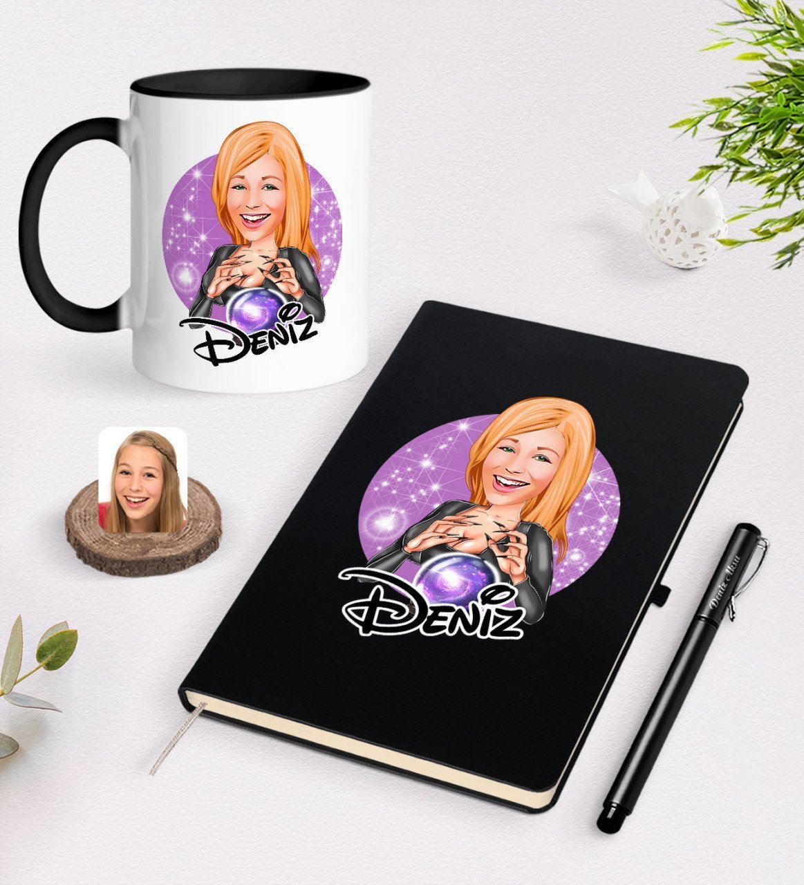 Kişiye Özel Kadın Astrolog Karikatürlü Siyah Defter Kalem ve Kupa Seti-1