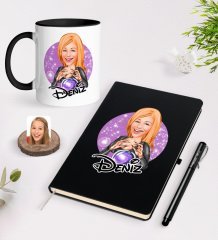 Kişiye Özel Kadın Astrolog Karikatürlü Siyah Defter Kalem ve Kupa Seti-1