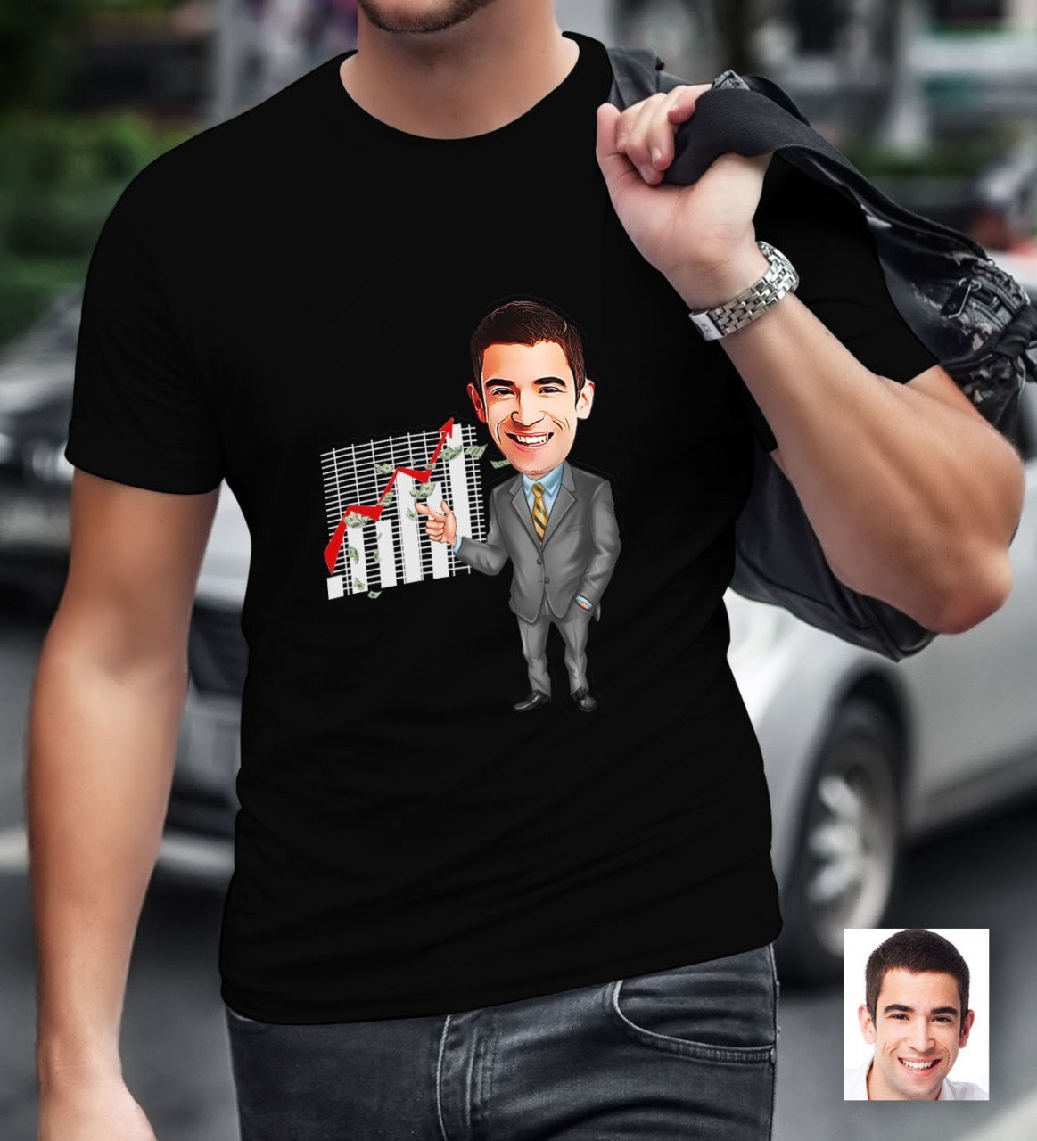 Kişiye Özel Bay Patron Karikatürlü Siyah T-Shirt-4