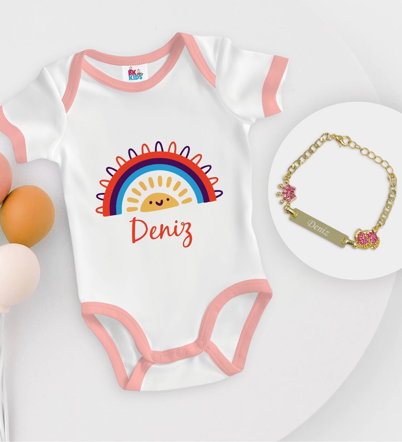 BK Kids Kişiye Özel İsimli Pembe Bebek Body Zıbın ve Kız Bebek Künyesi Hediye Seti-1