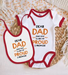 BK Kids Dear Dad Tasarımlı Kırmızı Bebek Body Zıbın ve Mama Önlüğü Hediye Seti-1