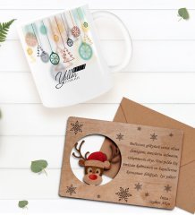 Kişiye Özel Happy New Year Kupa Bardak ve Retro Ahşap Yılbaşı Tebrik Kartı Hediye Seti-1B
