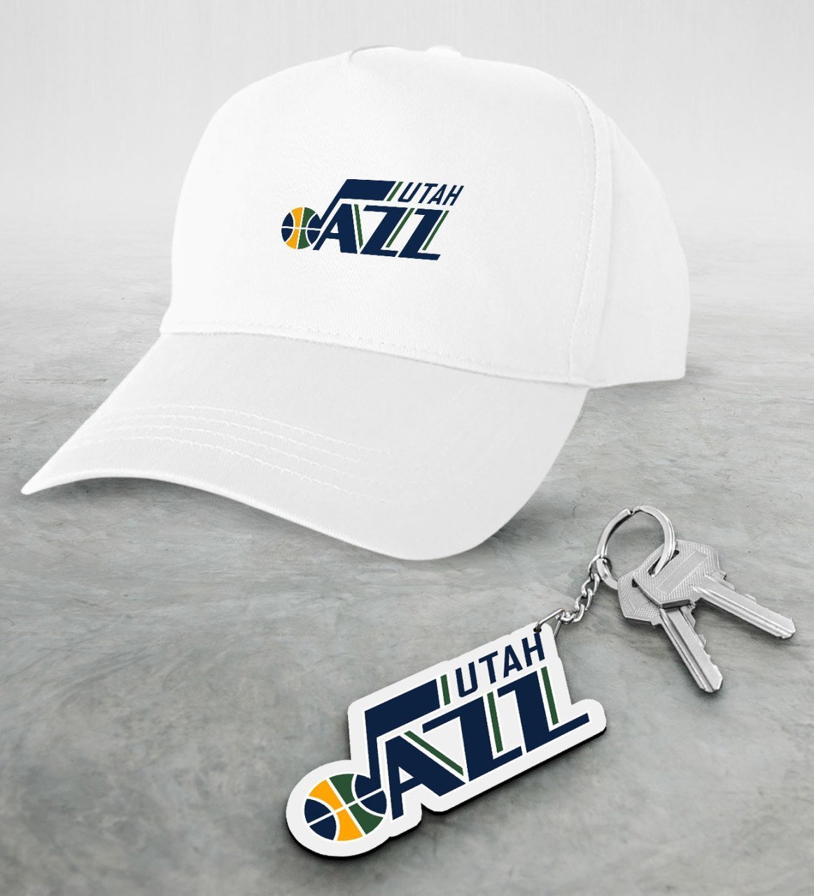 NBA Utah Jazz Beyaz Şapka ve Ahşap Anahtarlık Seti