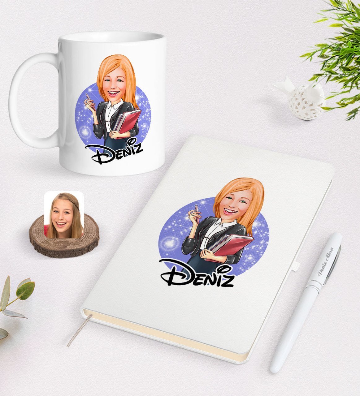 Kişiye Özel Kadın Yönetici Karikatürlü Beyaz Defter Kalem ve Kupa Seti-1