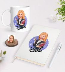 Kişiye Özel Kadın Yönetici Karikatürlü Beyaz Defter Kalem ve Kupa Seti-1
