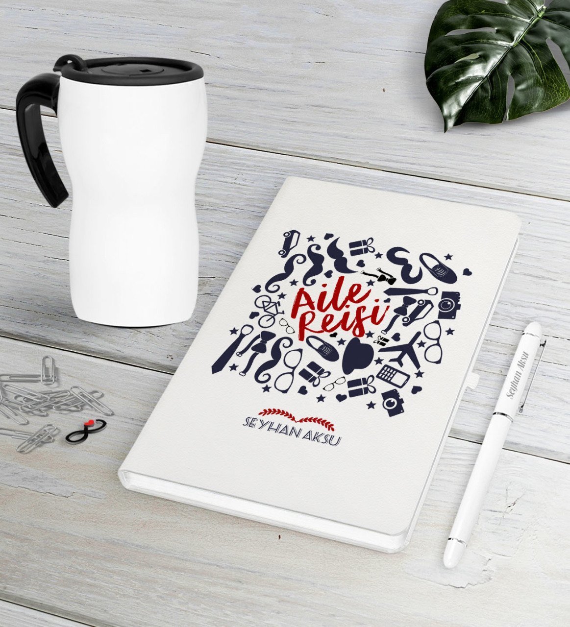 Kişiye Özel Aile Reisi Beyaz Defter Kalem Termos Mug Seti