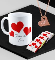 Kişiye Özel Sevgililer Temalı Kupa Madlen Çikolata ve Rose Kalp Kolye Set - 90