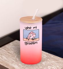 BK Gift Esprili Tasarım Kırmızı Renk Pipetli Buzlu Cam Bardak 600ml - 8, Arkadaşa Hediye, Doğum Günü Hediyesi