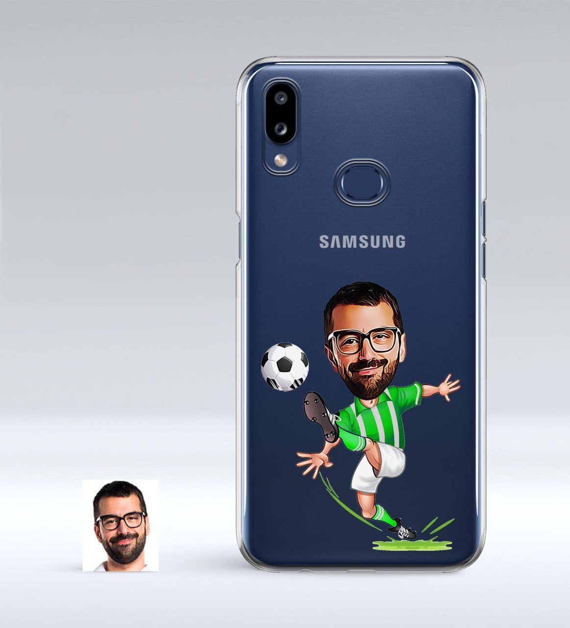 Kişiye Özel Yeşil Beyaz Futbolcu Karikatürlü Samsung Galaxy A10s İnce Şeffaf Silikon Telefon Kapağı
