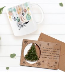 Kişiye Özel Happy New Year Kupa Bardak ve Retro Ahşap Yılbaşı Tebrik Kartı Hediye Seti-1A