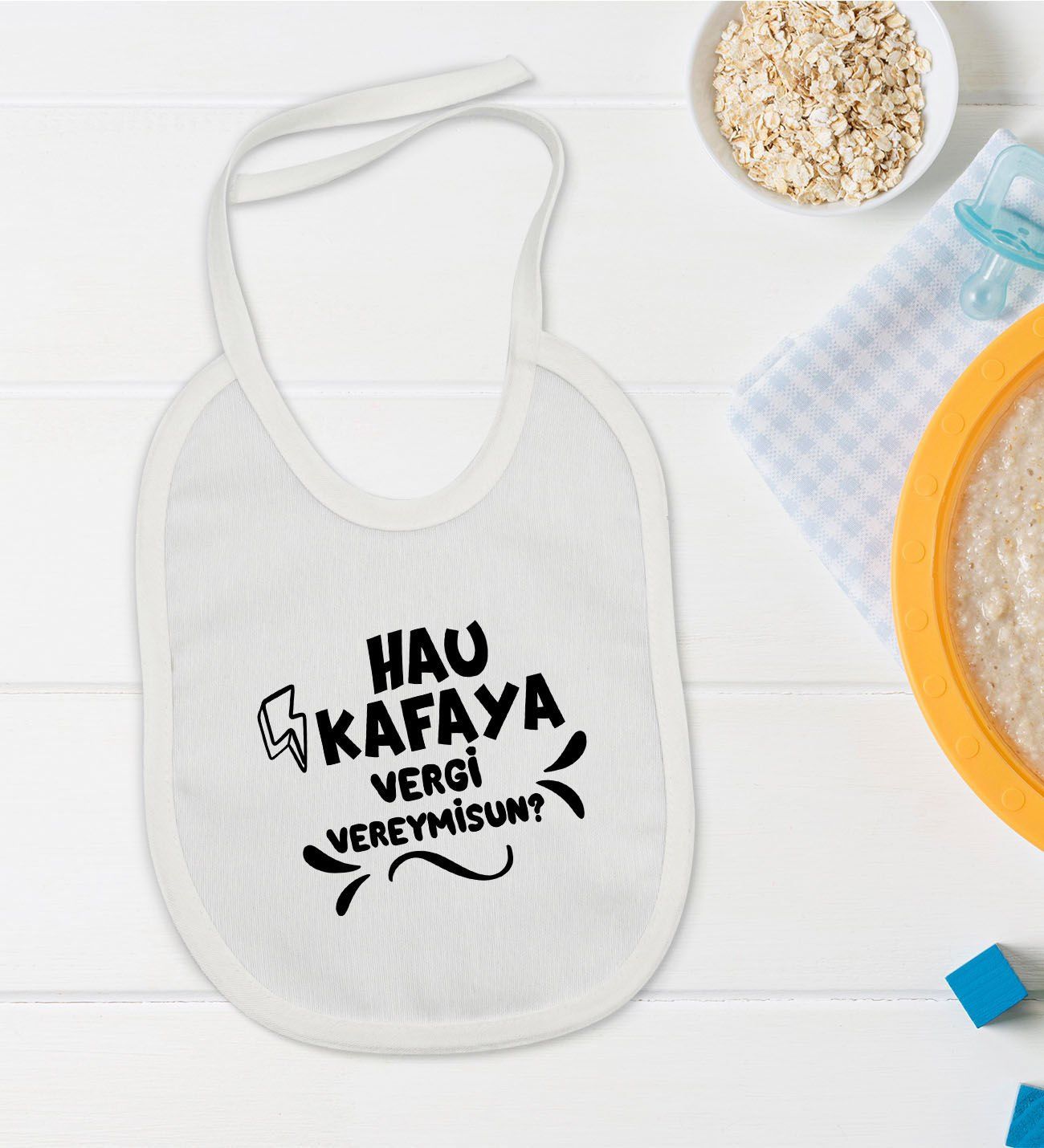 BK Kids Hau Kafaya Tasarımlı Beyaz Bebek Mama Önlüğü-1
