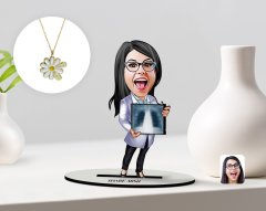 Kişiye Özel Kadın Radyolojist Karikatürlü 3D Ahşap Biblo ve İsimli Tarihli Papatya Kolye Seti-1