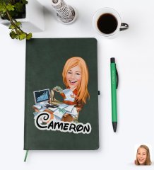 Kişiye Özel Kadın Bankacı Karikatürlü Yeşil Termo Deri Defter Kalem Seti Model 1