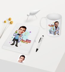 Kişiye Özel Bay Kimya Öğretmeni Temalı Karikatürlü Beyaz Defter Kalem Kupa Seti - 3