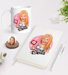 Kişiye Özel Kadın Youtuber Karikatürlü Beyaz Defter Kalem ve Kupa Seti-2