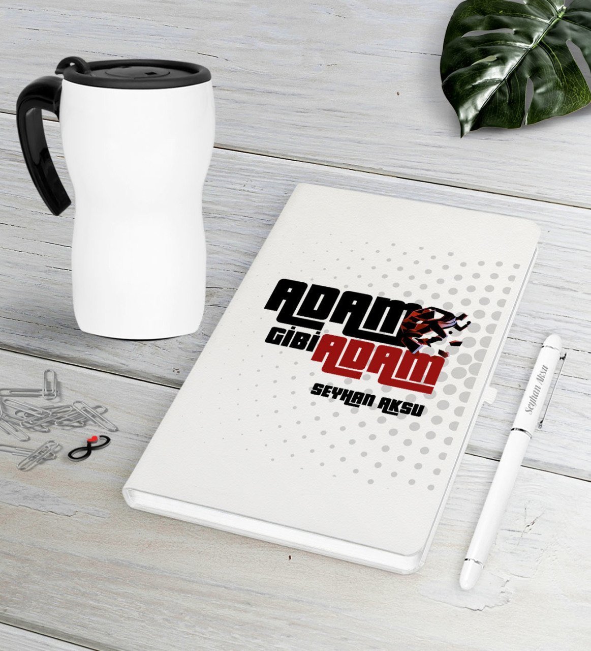 Kişiye Özel Adam Gibi Adam Beyaz Defter Kalem Termos Mug Seti
