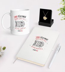 Kişiye Özel Sınıf Öğretmeni Beyaz Kupa Defter Kalem ve İsimli Papatya Kolye Hediye Seti-11
