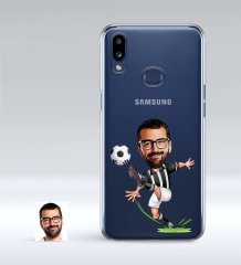 Kişiye Özel Siyah Beyaz Futbolcu Karikatürlü Samsung Galaxy A10s İnce Şeffaf Silikon Telefon Kapağı
