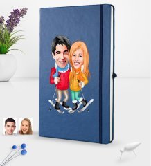 Kişiye Özel Sevgililer Karikatürlü Karikatürlü Lacivert Termo Deri Defter 16x24cm Model 107