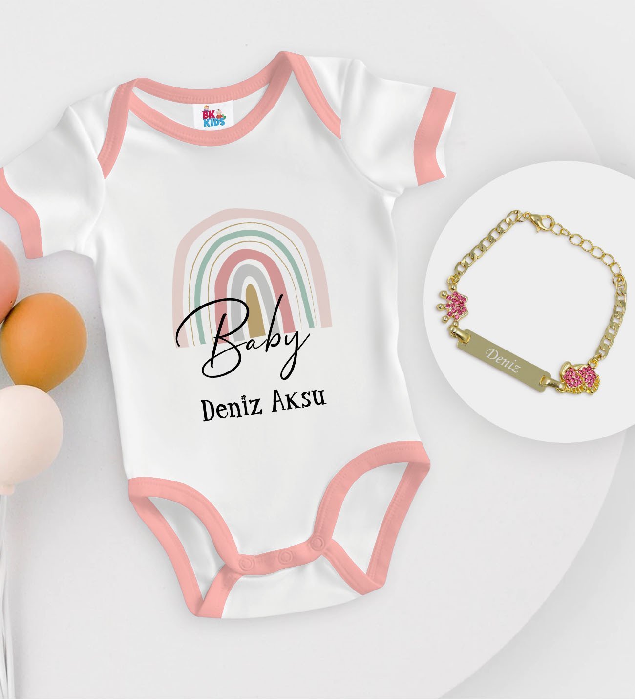 BK Kids Kişiye Özel Baby Tasarımlı Pembe Bebek Body Zıbın ve Kız Bebek Künyesi Hediye Seti-1