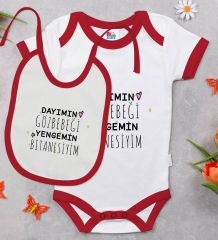 BK Kids Dayımın Göz Bebeği Tasarımlı Kırmızı Bebek Body Zıbın ve Mama Önlüğü Hediye Seti-1