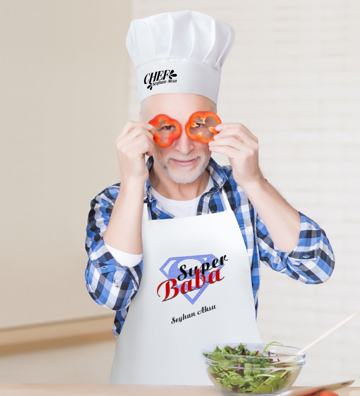 Kişiye Özel Süper Baba Erkek Mutfak Önlüğü ve Aşçı Şapkası Seti-5