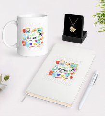 Kişiye Özel Sınıf Öğretmeni Beyaz Kupa Defter Kalem ve İsimli Papatya Kolye Hediye Seti-10
