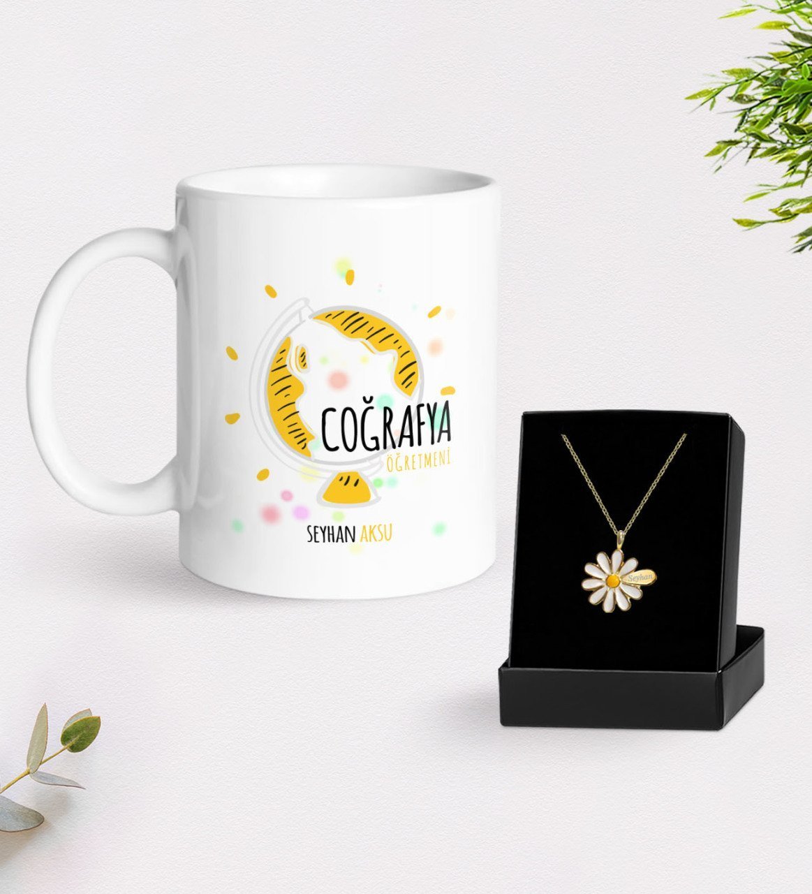 Kişiye Özel Coğrafya Öğretmeni Beyaz Kupa ve Papatya Kolye Hediye Seti-3
