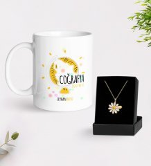 Kişiye Özel Coğrafya Öğretmeni Beyaz Kupa ve Papatya Kolye Hediye Seti-3