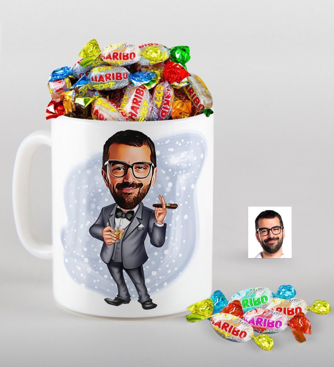 Kişiye Özel Bay Patron Karikatürlü Kupa ve Haribo Fruitbons Şeker Hediye Seti-3