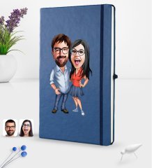 Kişiye Özel Sevgililer Karikatürlü Karikatürlü Lacivert Termo Deri Defter 16x24cm Model 105